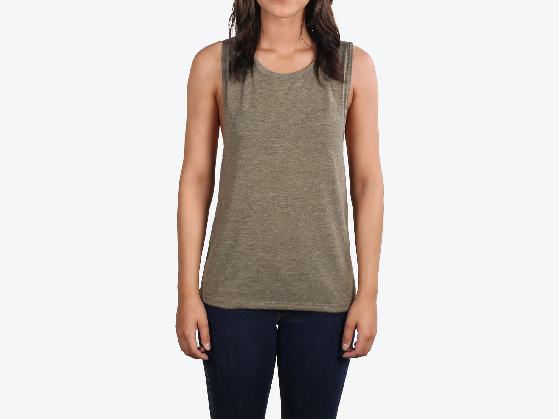 Bella+Canvas 8803 Women's Flowy Scoop Muscle Tank in Heather Olive (model:female, size:small, view:front)
