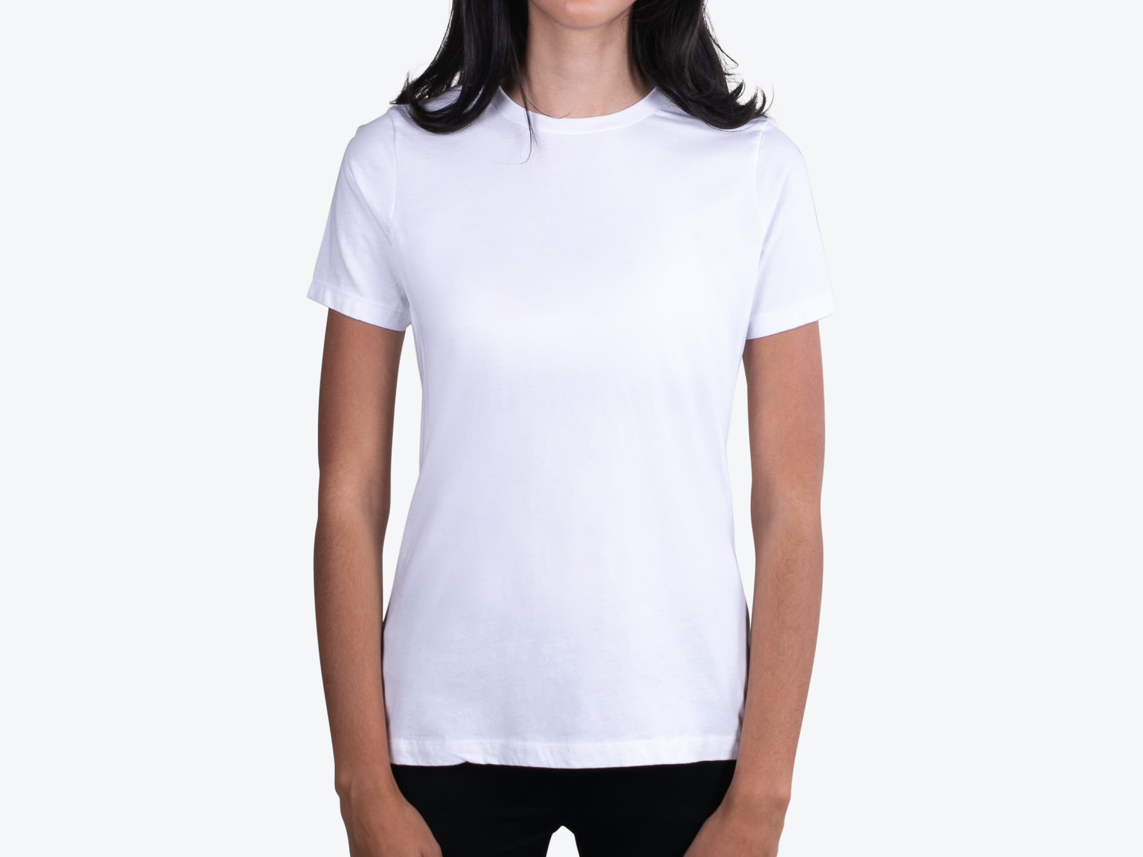 Bella+Canvas 6400 Women's Relaxed Jersey Short Sleeve Tee in White (model:female, size:small, view:front)