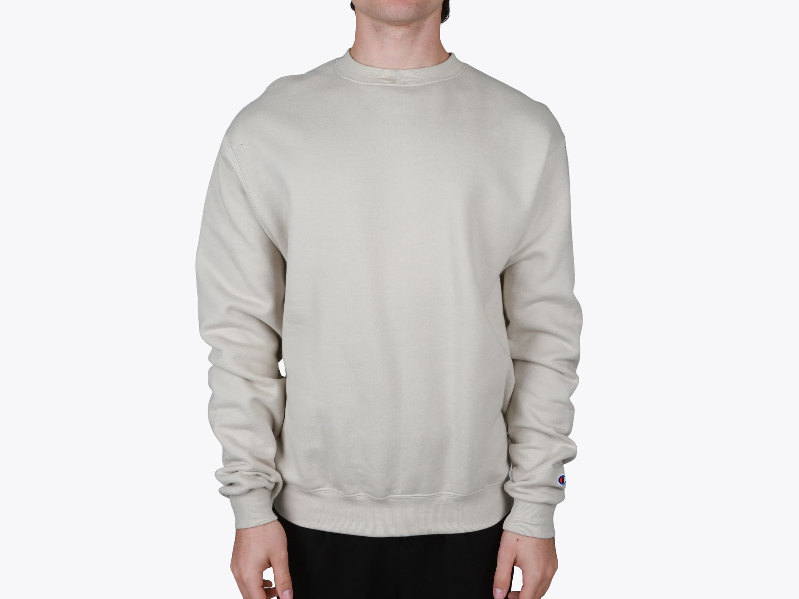 Champion S600 Powerblend® Crewneck Sweatshirt in Sand (model:male, size:medium, view:front)